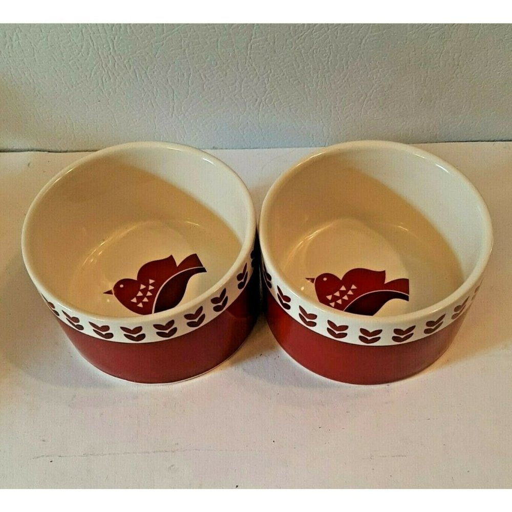 Set of 2 Ramekins  Red White Master Class Bake Shop with Bird Design